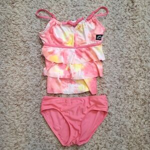 Justice Tankini Swimsuit Girls 12/14 L Pink Yellow Tie Dye Ruffle Tiered 2pc Set